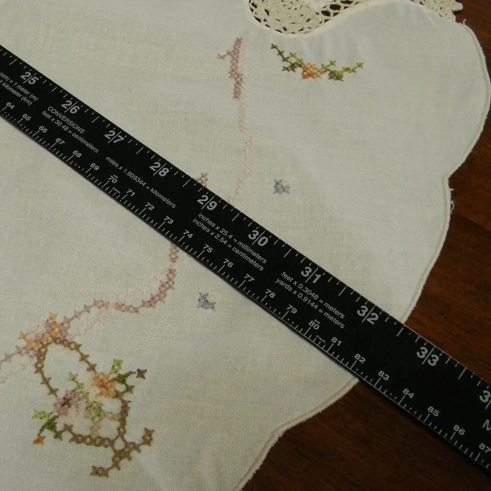 Vintage Handmade Cross Stitch Crochet Doily Tablecloth Floral Basket White Round